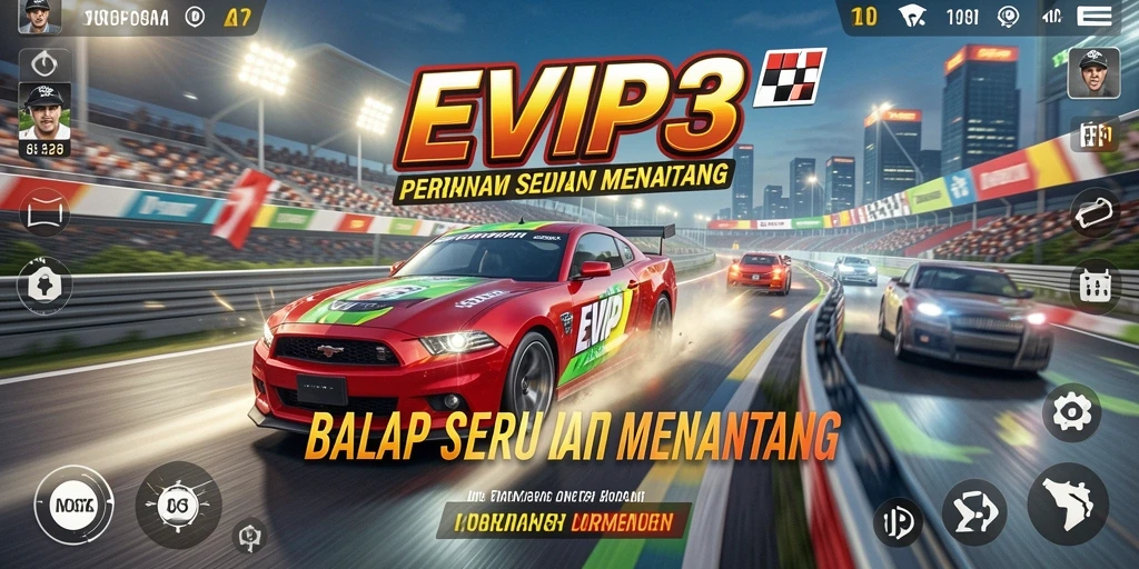 Tampilan gameplay seru dari balapan di EVIP3 dengan mobil cepat.