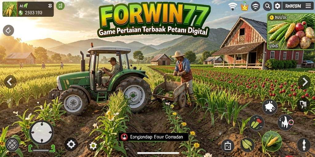 Screenshot gameplay FORWIN77 menampilkan pertanian yang indah dan interaksi hewan.