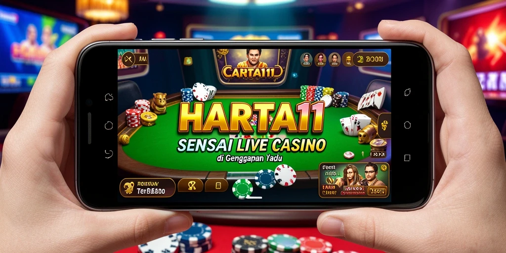 Visual gameplay HARTA11 dengan dealer live dan suasana kasino.