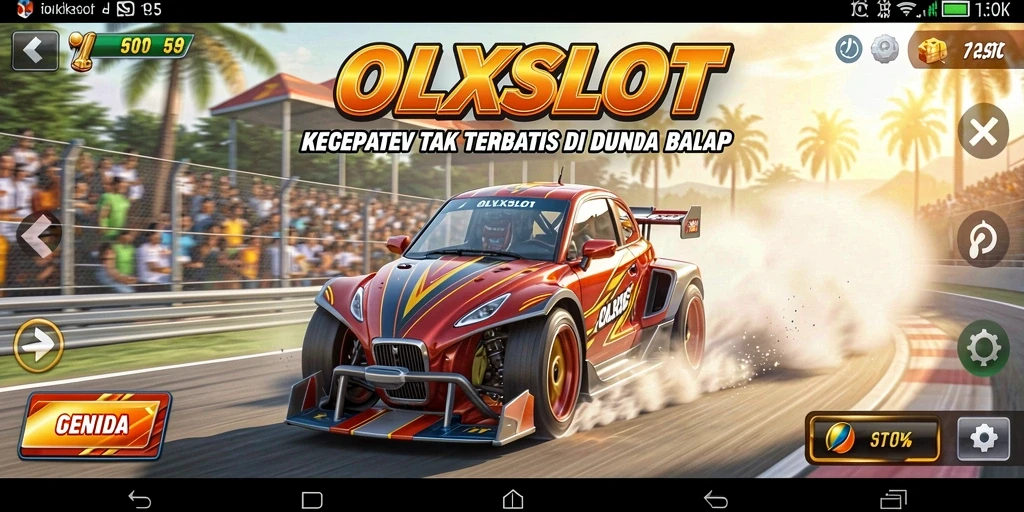 Screenshot OLXSLOT menampilkan mobil balap melaju kencang di lintasan menantang.
