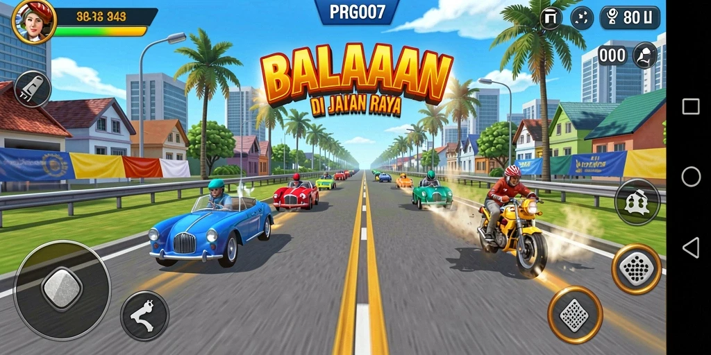 Screenshot gameplay PRG007 menampilkan aksi balapan yang mendebarkan.
