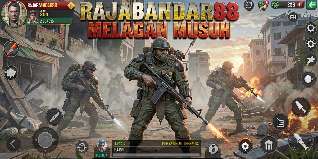 Tampilan gameplay menegangkan dalam RAJABANDAR88 saat menghalau musuh.