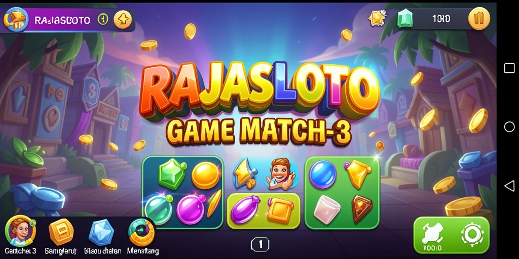 Screenshot menunjukkan gameplay seru dari RAJASLOTO dengan misi Match-3.