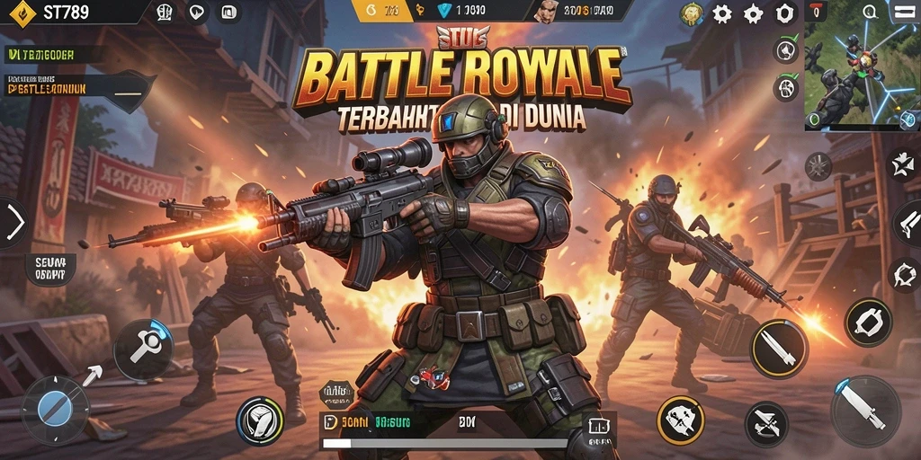 Tangkapan layar utama ST789 menampilkan aksi pertarungan Battle Royale yang mendebarkan.